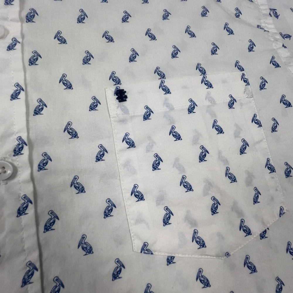 Coastal Button Down Shirt Mens XL White Blue Pelican‎ Bird Print Short Sleeve